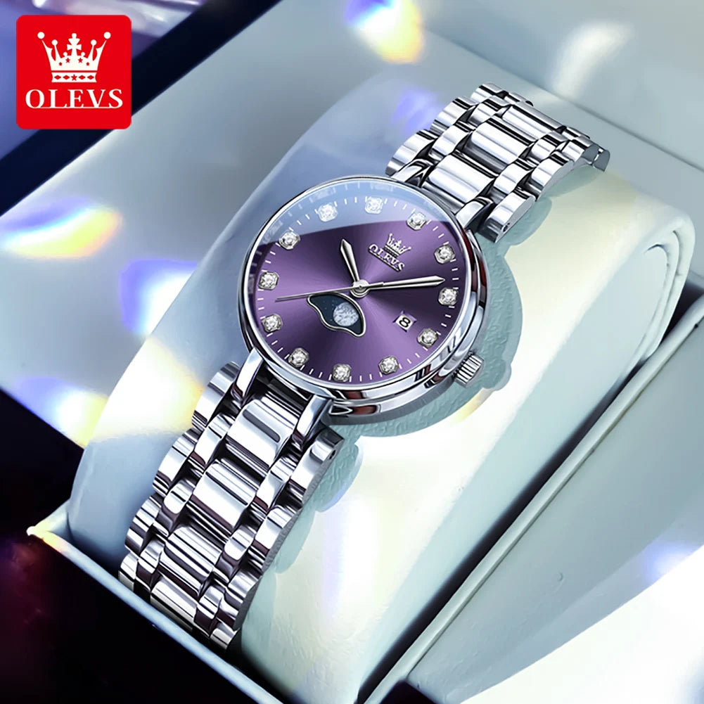 OLEVS 5573 Original Ladies Quartz Watch Diamond Scale Calendar Stainless Steel Waterproof Elegant Dress Wristwatch for Women