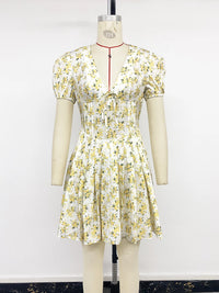 2026 New Floral Print Bow Pleated Summer Dress Women Elegant V-neck Puff Sleeve Mini Dress Female Holiday Beach Sundress