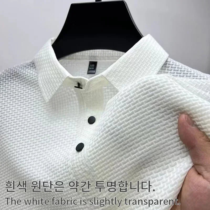 Summer New Men's Lop-up Hollow Short-sleeved Polo Shirt Ice Silk Brand Clothes Breathable Business Fashion T-Shirt Male Upto 6XL