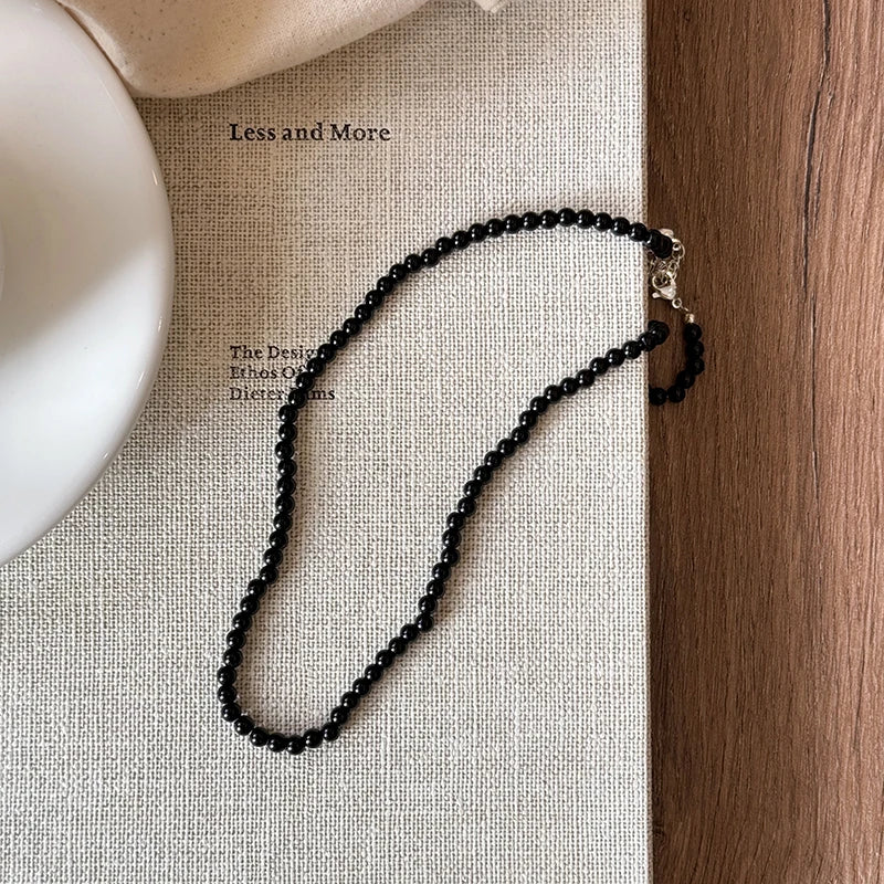 Fashion Punk Smooth Black Round Beads String Necklace for Women Men Unisex Acrylic Beads Choker Jewelry on The Neck Collar Gift