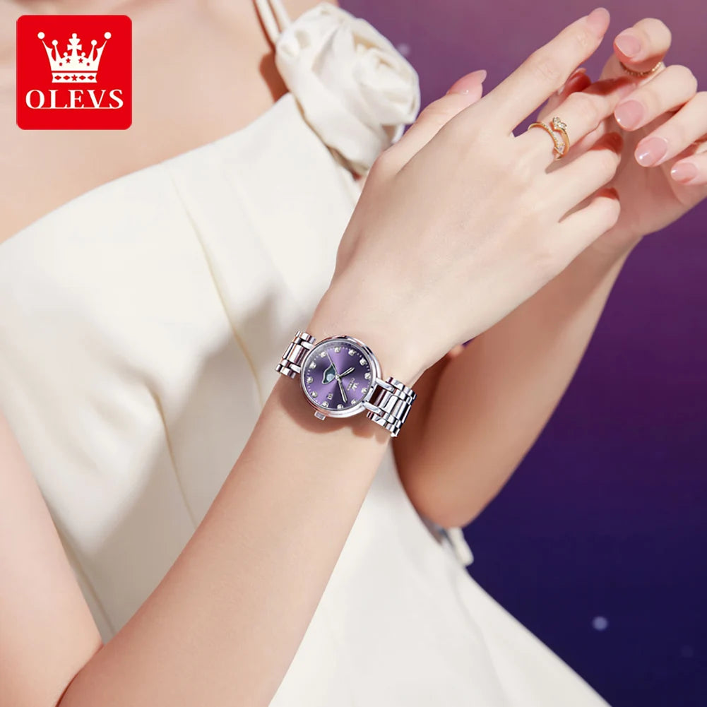 OLEVS 5573 Original Ladies Quartz Watch Diamond Scale Calendar Stainless Steel Waterproof Elegant Dress Wristwatch for Women