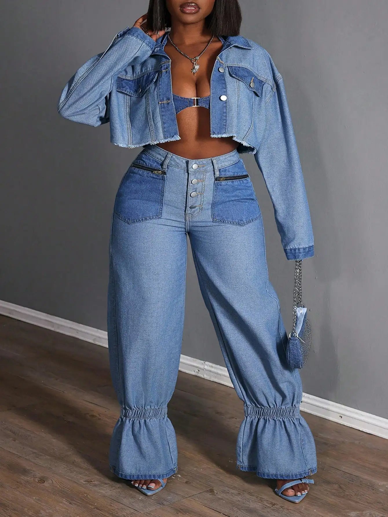 Plus Size Women Loose Casual Versatile Denim Jeans With Zipper Pockets And Ruffle Hem
