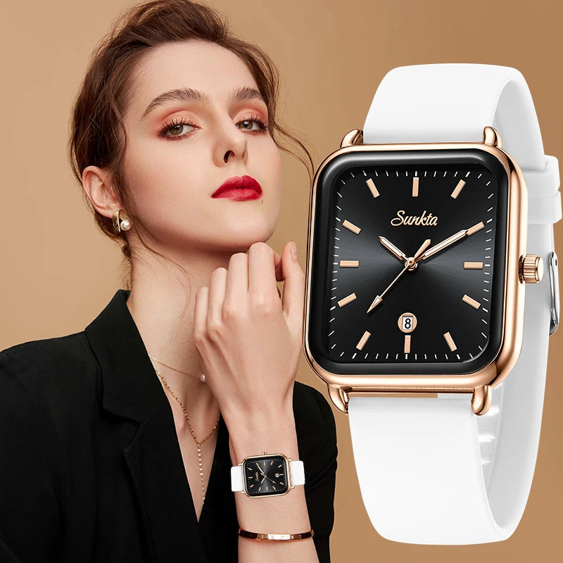 Sunkta Fashion Elegant Woman Watch Luxury Retro Calendar Silicone Belt Casual Sport Waterproof Simple Quartz Watches Ladies Gift