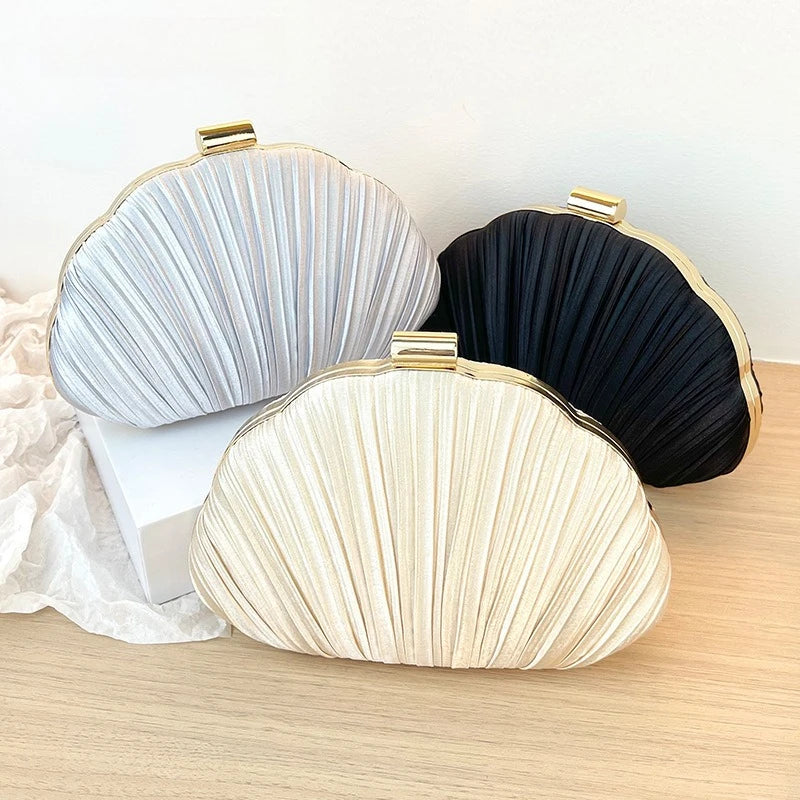 Minimalist Champagne Pleated Shell Clutch, Chic Evening Crossbody Purse with Gold Chain for Women Wedding Formal Shoulder Bags