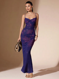 Floral Print Lace Trim Spaghetti Strap Curve Hugging Long Dress For Women