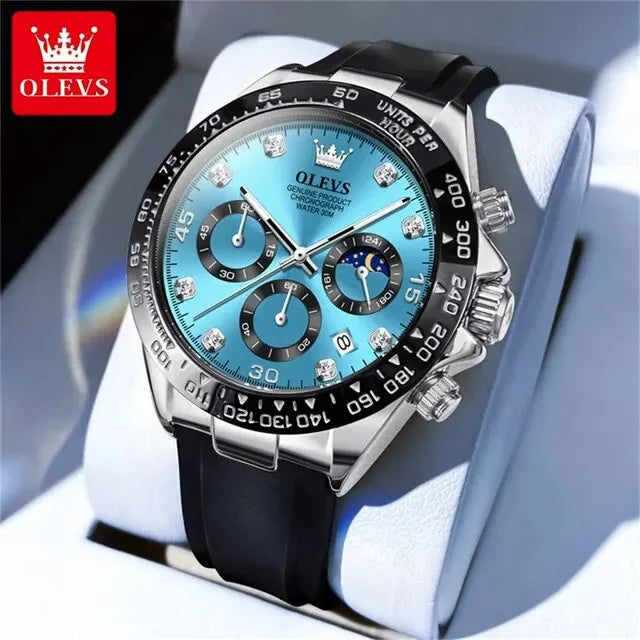 OLEVS 2875 Luxury Quartz Men Watch Silicone Strap Waterproof 24hour Moon Phase Chronograph Fashion Classic Sports Man Wristwatch