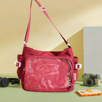Women Ita Bag Japanese Style Shoulder Purse with Clear Window Cartoon Book Bag Multi-pockets Adjustable Strap Trendy Outdoor Bag