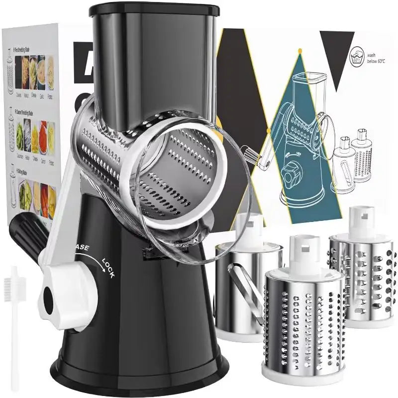 Stainless Steel Rotary Drum Grater – 3‑in‑1 Manual Cheese & Vegetable Slicer, Dishwasher Safe