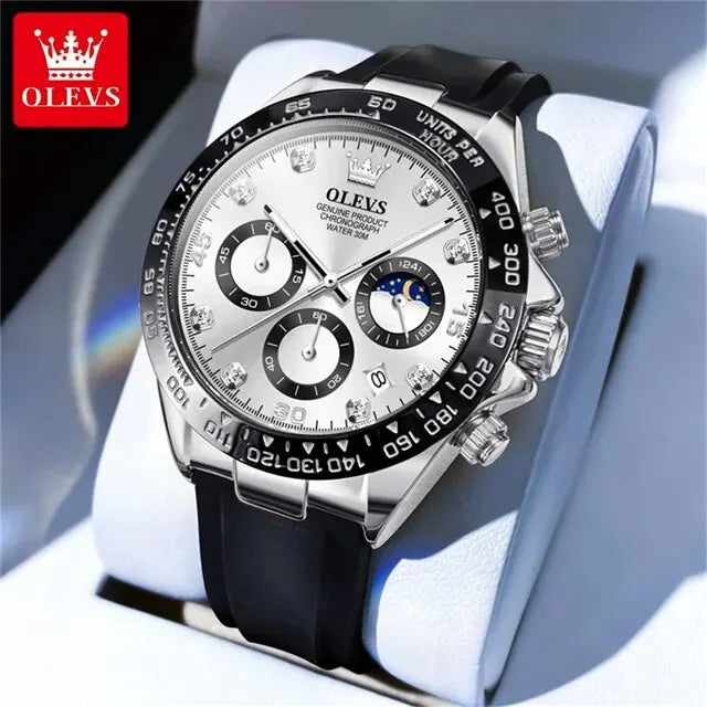 OLEVS 2875 Luxury Quartz Men Watch Silicone Strap Waterproof 24hour Moon Phase Chronograph Fashion Classic Sports Man Wristwatch