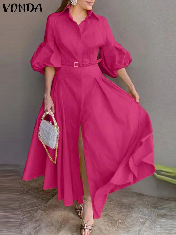 VONDA Elegant Maxi Dress Summer Women Fashion Lantern Sleeve Buttons Big Swing Party Shirt Sundress Casual Solid Patrty Sundress