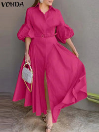 VONDA Elegant Maxi Dress Summer Women Fashion Lantern Sleeve Buttons Big Swing Party Shirt Sundress Casual Solid Patrty Sundress