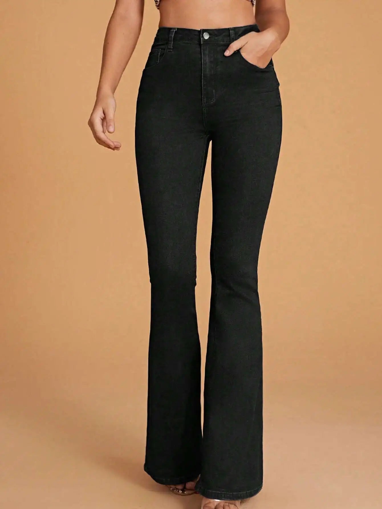 High-Waisted Black Flared Jeans for Women, Stretch Denim, Full-Length