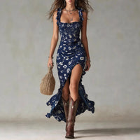 2026 New Women's Bohemian Retro Ruffled Sleeveless Strap High-Split Dress