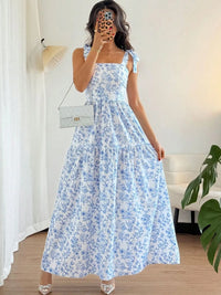 2026 Spring Summer New Women's Bohemian Adjustable Shoulder Strap Print Dress Lady French Style Sleeveless Cable tied Maxi Dress