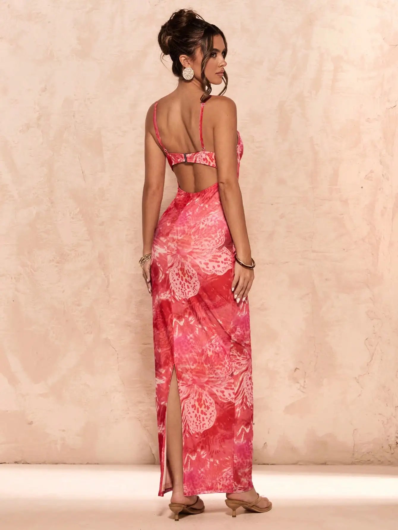Floral Print Lace Trim Spaghetti Strap Curve Hugging Long Dress For Women