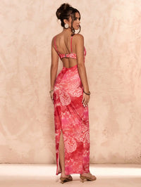 Floral Print Lace Trim Spaghetti Strap Curve Hugging Long Dress For Women