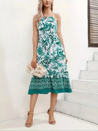 Women's All Over Print Tie Shoulder Cami Dress, Boho Style Casual Halter Neck Sleeveless Long Dress, Summer Women's Clothing
