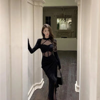 【HOT】Pure Desire Wind Royal Sister Spicy Girls Bag Spring and Autumn New Waist Cutting Fork Mesh Stitching Sexy Beautiful Dress