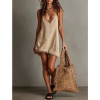 2026 new - European and American  vacation home V-neck suspender beast-trimmed mini solid color dress