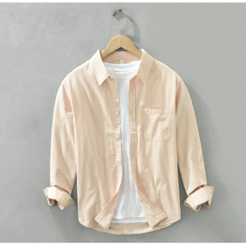 100% Cotton Spring Men's Casual Long-Sleeve Shirt, Outdoor Camping Hiking Japanese Style Loose Fit, Avocado Green Simple Fashion