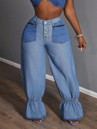 Plus Size Women Loose Casual Versatile Denim Jeans With Zipper Pockets And Ruffle Hem