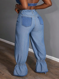 Plus Size Women Loose Casual Versatile Denim Jeans With Zipper Pockets And Ruffle Hem