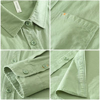100% Cotton Spring Men's Casual Long-Sleeve Shirt, Outdoor Camping Hiking Japanese Style Loose Fit, Avocado Green Simple Fashion