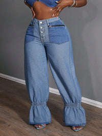 Plus Size Women Loose Casual Versatile Denim Jeans With Zipper Pockets And Ruffle Hem