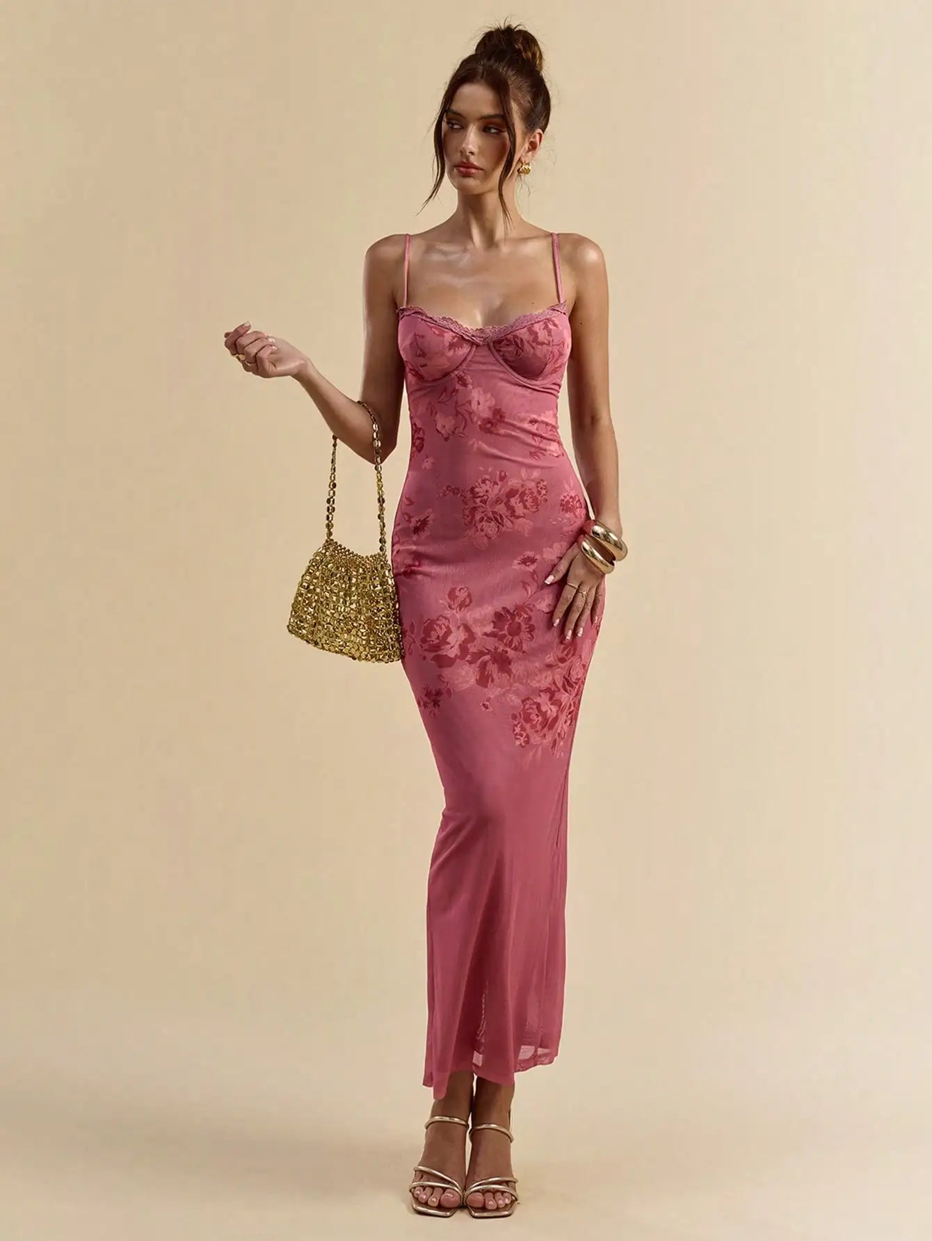 Floral Print Lace Trim Spaghetti Strap Curve Hugging Long Dress For Women