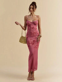Floral Print Lace Trim Spaghetti Strap Curve Hugging Long Dress For Women