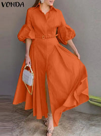 VONDA Elegant Maxi Dress Summer Women Fashion Lantern Sleeve Buttons Big Swing Party Shirt Sundress Casual Solid Patrty Sundress