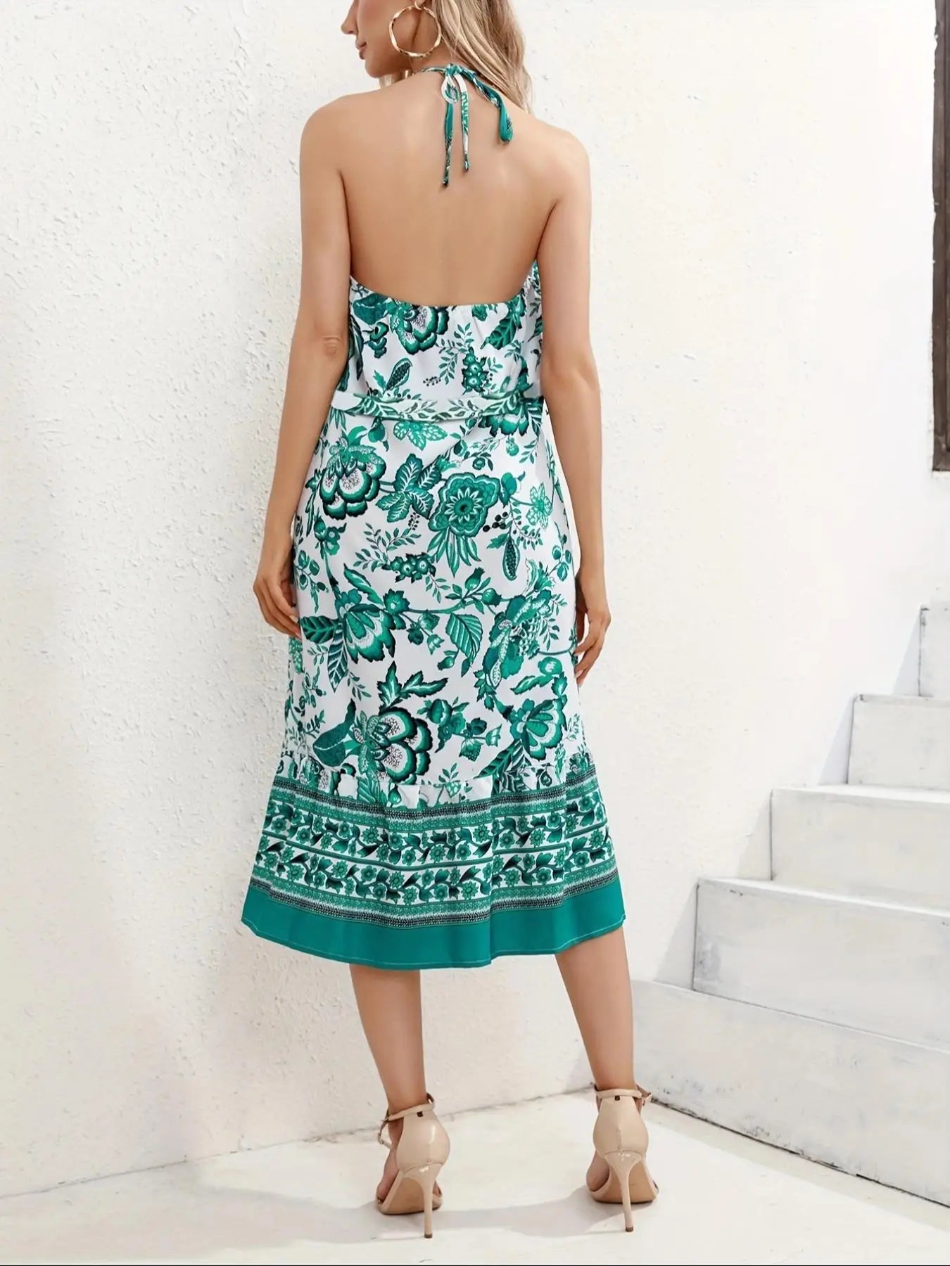 Women's All Over Print Tie Shoulder Cami Dress, Boho Style Casual Halter Neck Sleeveless Long Dress, Summer Women's Clothing