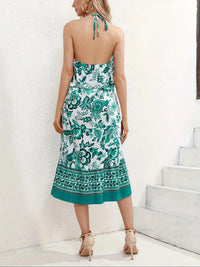 Women's All Over Print Tie Shoulder Cami Dress, Boho Style Casual Halter Neck Sleeveless Long Dress, Summer Women's Clothing
