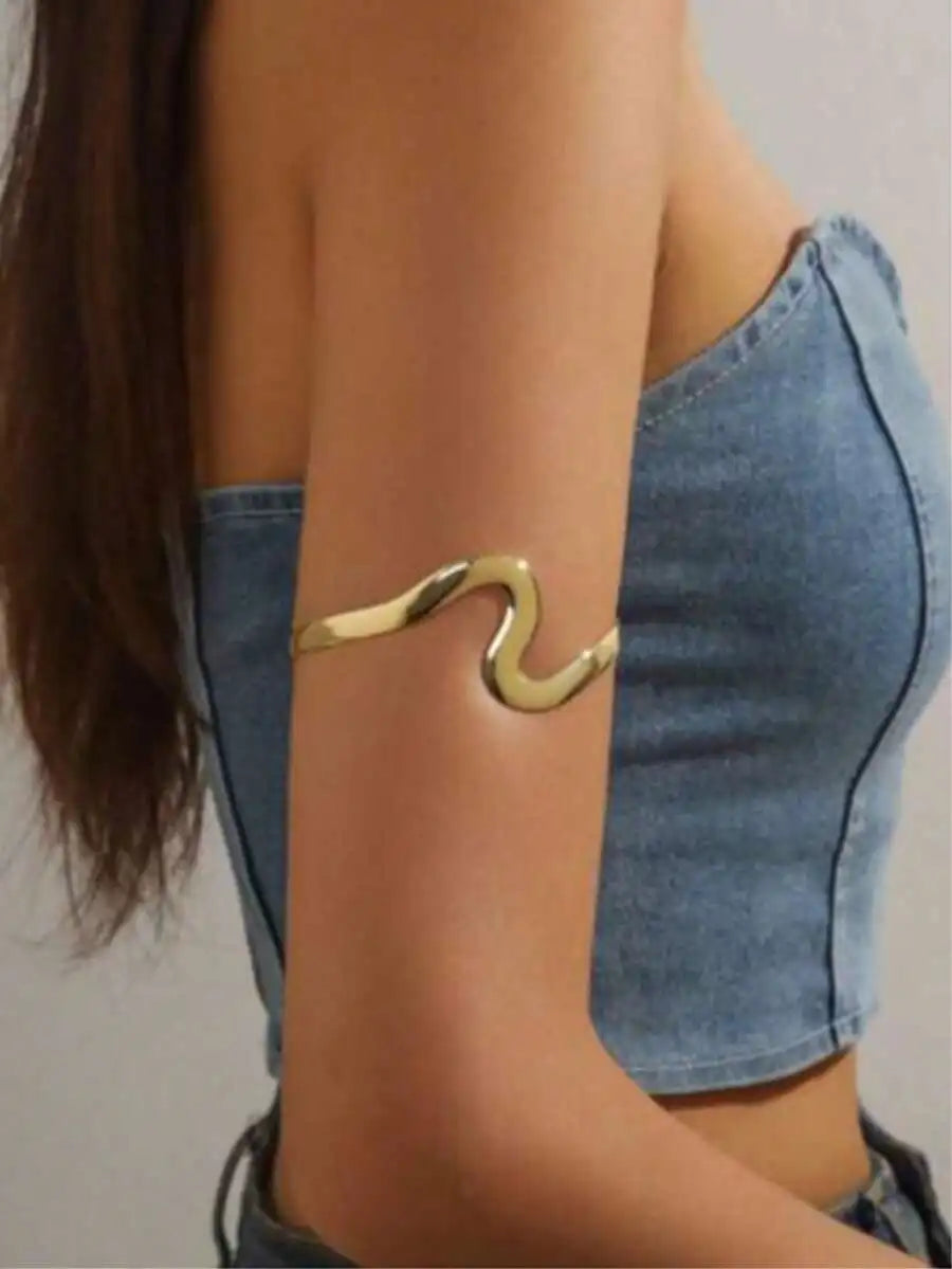Gold Tone Fluid Curve Cuff Bracelet For Women Minimalist Summer Party Jewelry Gift