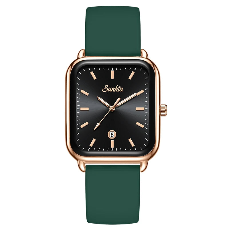 Sunkta Fashion Elegant Woman Watch Luxury Retro Calendar Silicone Belt Casual Sport Waterproof Simple Quartz Watches Ladies Gift