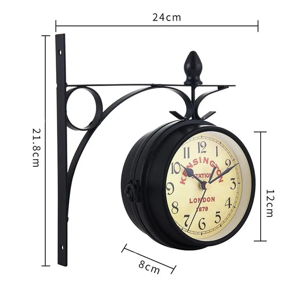 Retro Double Sided Metal Clock With Bracket Durable Wall Clock Garden Train Station Outside Decoration High Quality Home Decor