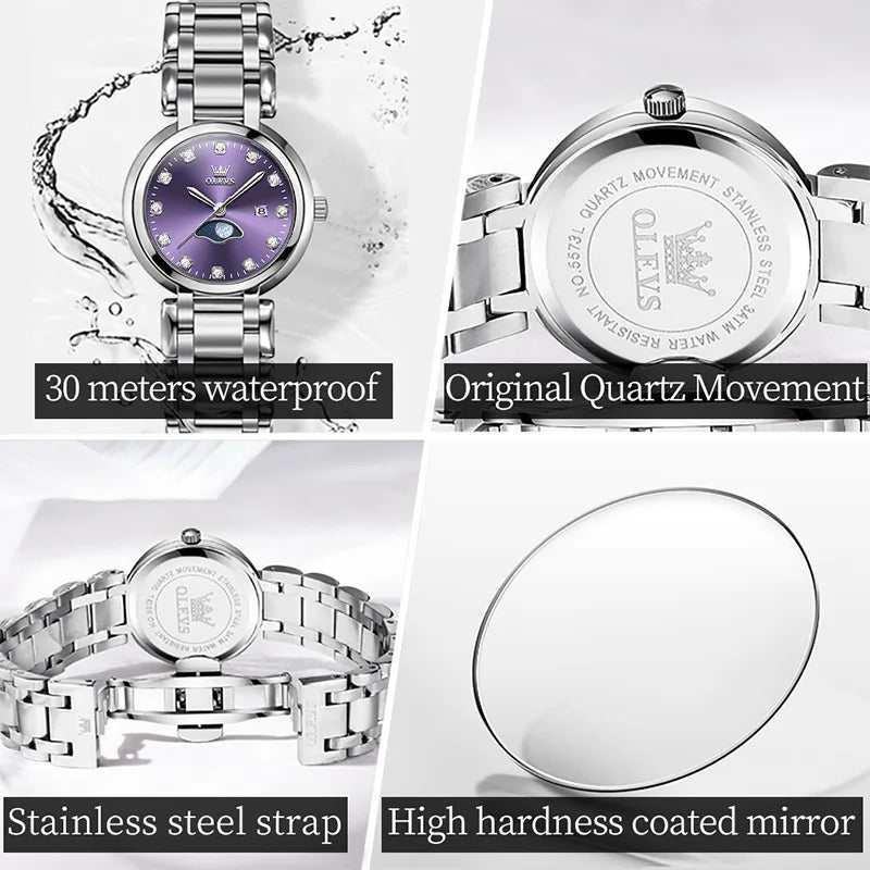 OLEVS 5573 Original Ladies Quartz Watch Diamond Scale Calendar Stainless Steel Waterproof Elegant Dress Wristwatch for Women