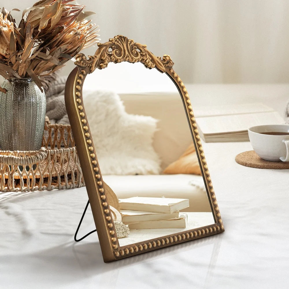 Gold Filigree Arch Tabletop Mirror Adjustable Stand Decorative Accent Elegant Home Decor High Quality Mirror Bedroom Living Room