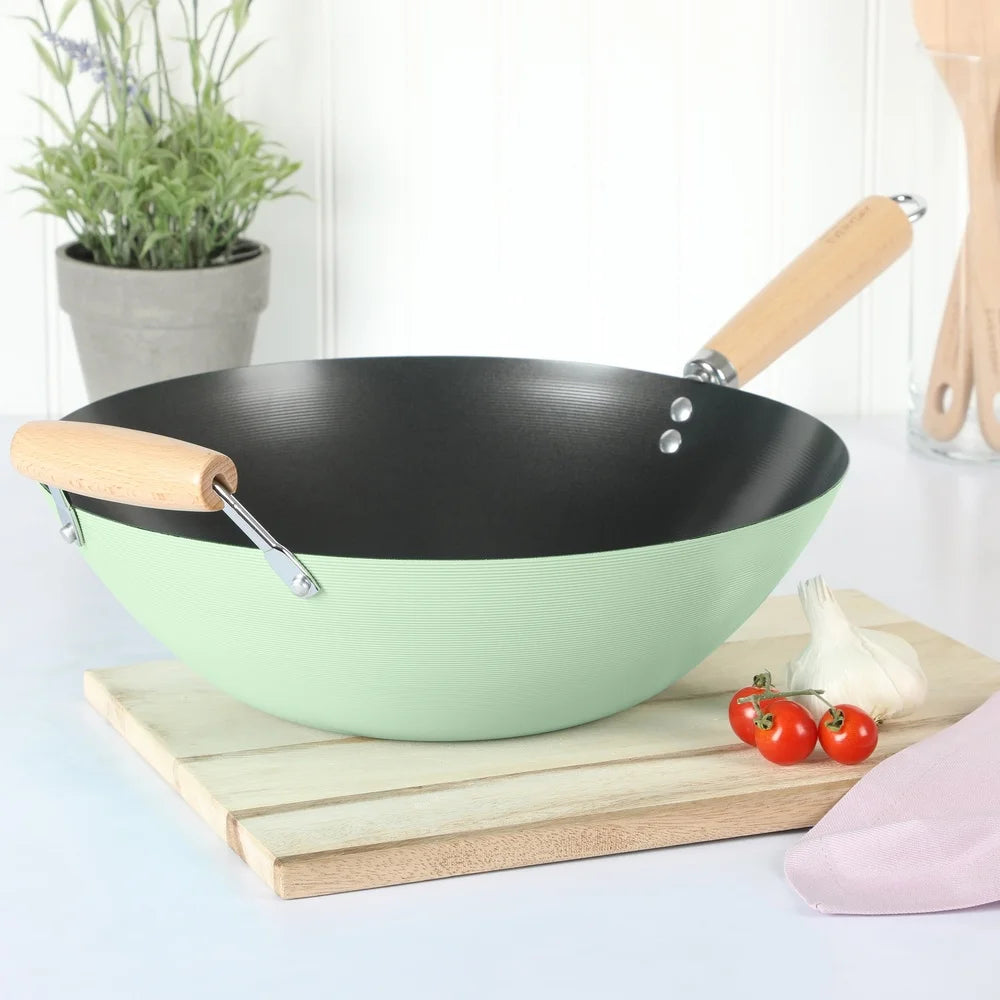 Carbon Steel Wok Nonstick 14 Inch Cooking Pan Dishwasher Safe Suitable All Stovetops Induction Gas Electric Even Heat