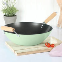 Carbon Steel Wok Nonstick 14 Inch Cooking Pan Dishwasher Safe Suitable All Stovetops Induction Gas Electric Even Heat