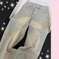 Slimming High Waist Shiny Star Rhinestone Denim Pants Women's Summer New Wide Leg Trendy Jeans High Waist Button Decor