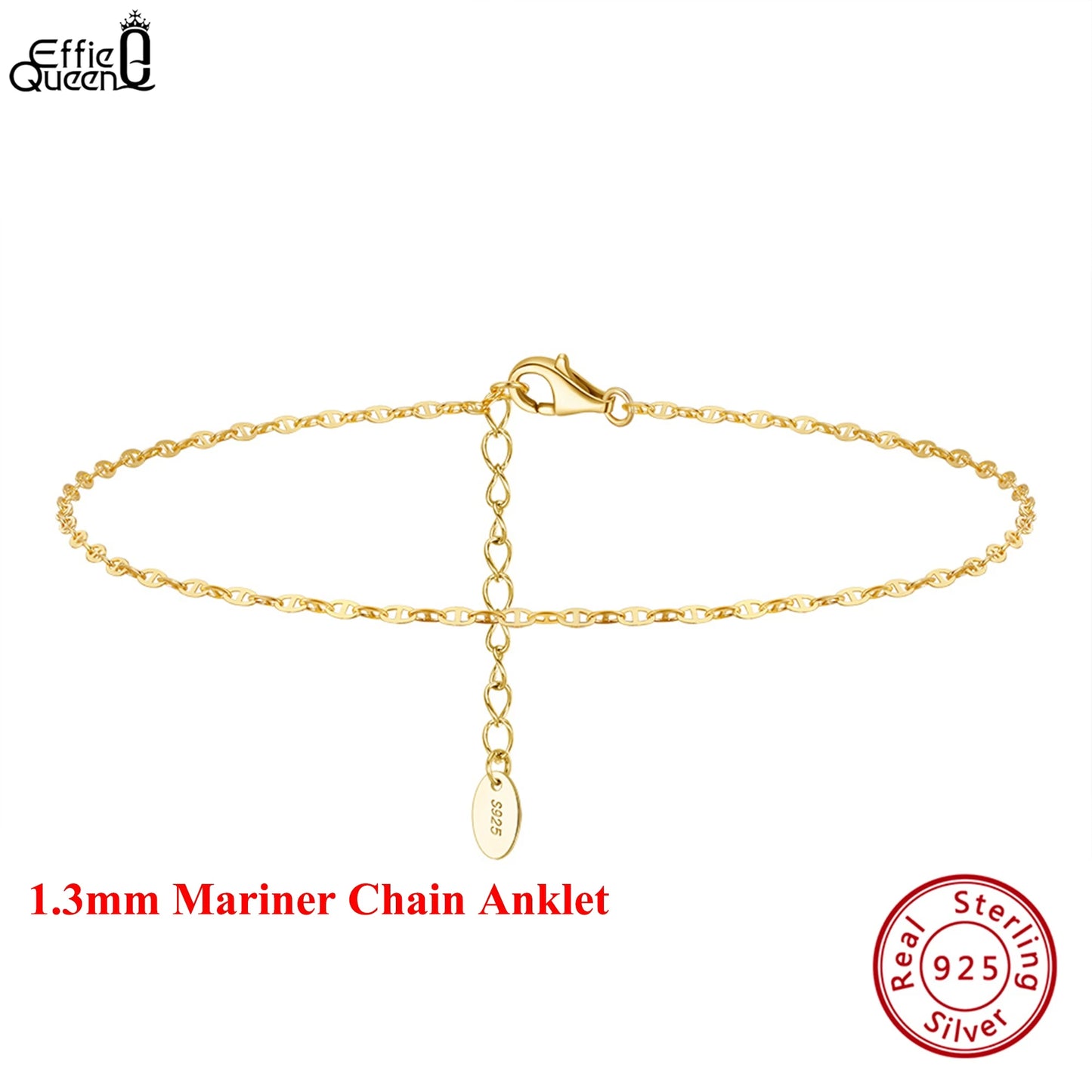 Effie Queen 925 Pure Silver 14k Gold 1.3mm Mariner Chain Anklet Simple Jewelry for Women Summer Beach Party Birthdays Gift SA24