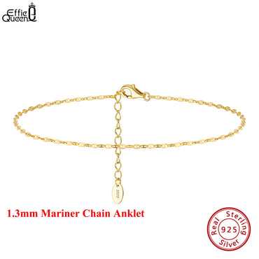 Effie Queen 925 Pure Silver 14k Gold 1.3mm Mariner Chain Anklet Simple Jewelry for Women Summer Beach Party Birthdays Gift SA24
