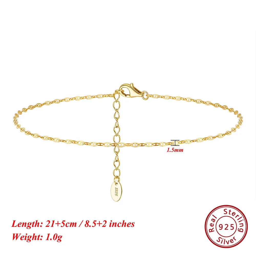 Effie Queen 925 Pure Silver 14k Gold 1.3mm Mariner Chain Anklet Simple Jewelry for Women Summer Beach Party Birthdays Gift SA24