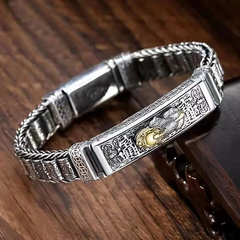 2025 Vintage 100% Real Solid S925 Silver Retro Lucky Pixiu Man Bracelet Thick Style Domineering Trend Personality Jewelry