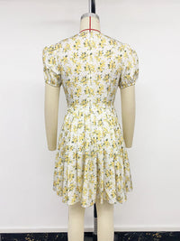 2026 New Floral Print Bow Pleated Summer Dress Women Elegant V-neck Puff Sleeve Mini Dress Female Holiday Beach Sundress
